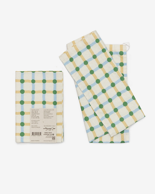 Linen-Cotton Kitchen Cloth <Warmgrey Tail> Green on Beige